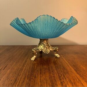 Vintage Blue Venetian Glass Bowl With Brass Stand Gold
Trim Italy 5" H x 9.75" D
